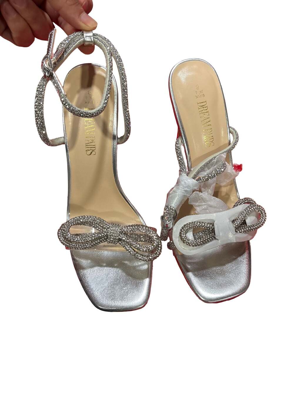 Dream Pairs Women's Rhinestone Bow Stiletto Ankle Strap Heels Silver Size 8